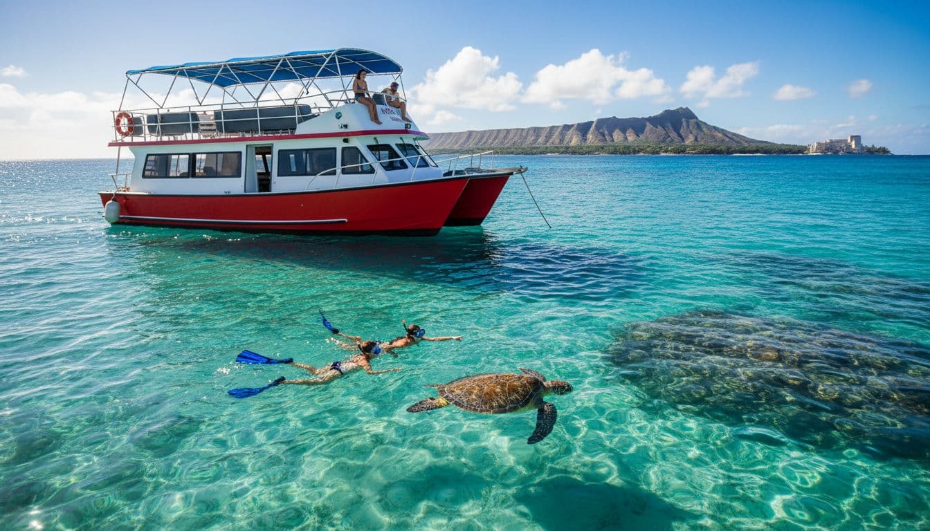 Double-decker tour boat anchored off Waikiki Honolulu coast in clear blue waters, with two snorkelers swimming near one Hawaiian green sea turtle at Turtle Canyon reef and two people on boat, Diamond Head volcano in sunny background.