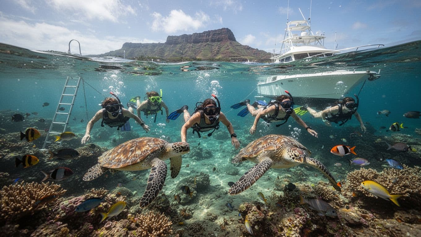 Group of four snorkelers—three in crystal-clear waters and one on anchored boat—enjoying Hawaiian green sea turtles amid vibrant coral reef at Turtle Canyon off Waikiki, with Diamond Head on horizon in cinematic turquoise lighting.