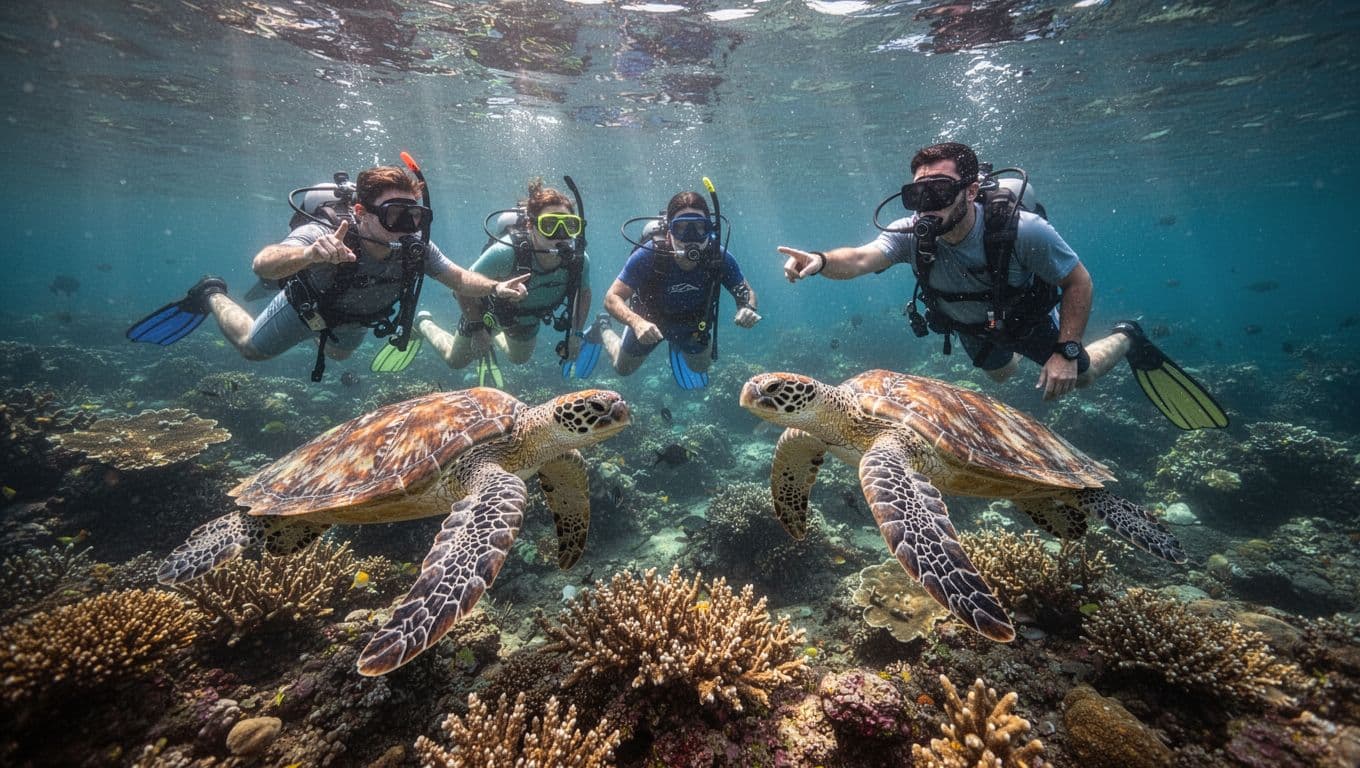 Snorkelers in crystal clear ocean water at Turtle Canyon near Waikiki, with Hawaiian green sea turtles swimming nearby over a vibrant coral reef, sunlight filtering through.