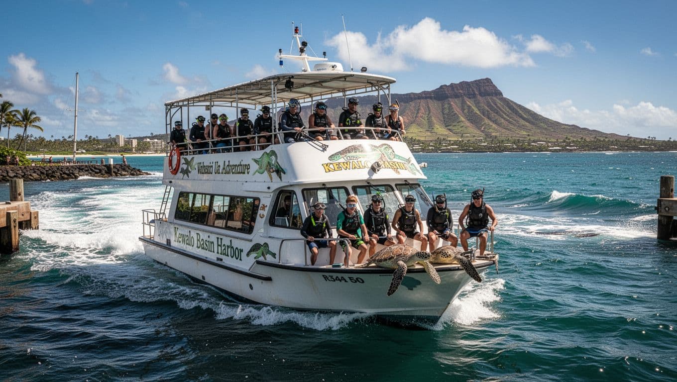 Double-decker tour boat departing Kewalo Basin Harbor near Waikiki with 12 relaxed snorkelers on deck, sunny day with ocean waves and Diamond Head in the distance, cinematic style with strong contrast and dramatic lighting focusing on excitement and adventure.