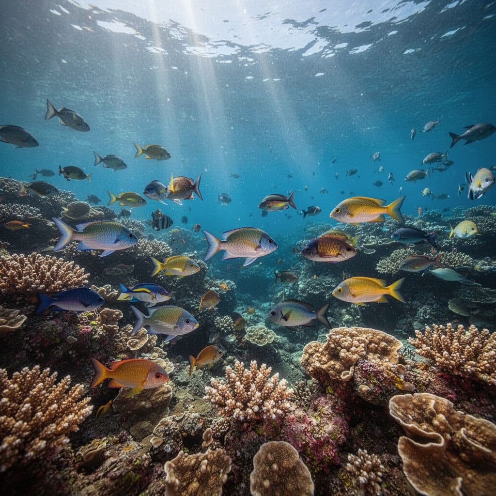 Colorful tropical reef fish swim through clear blue water as sunlight streams down from the surface.