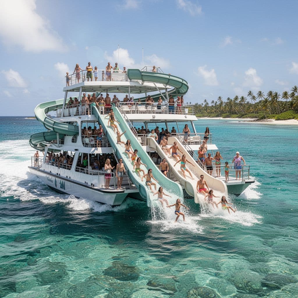 A vibrant double-decker vessel with a large yellow waterslide sits in shallow turquoise waters off the coast of Waikiki. Families enjoy the sunny tropical ocean while swimming near the hull.