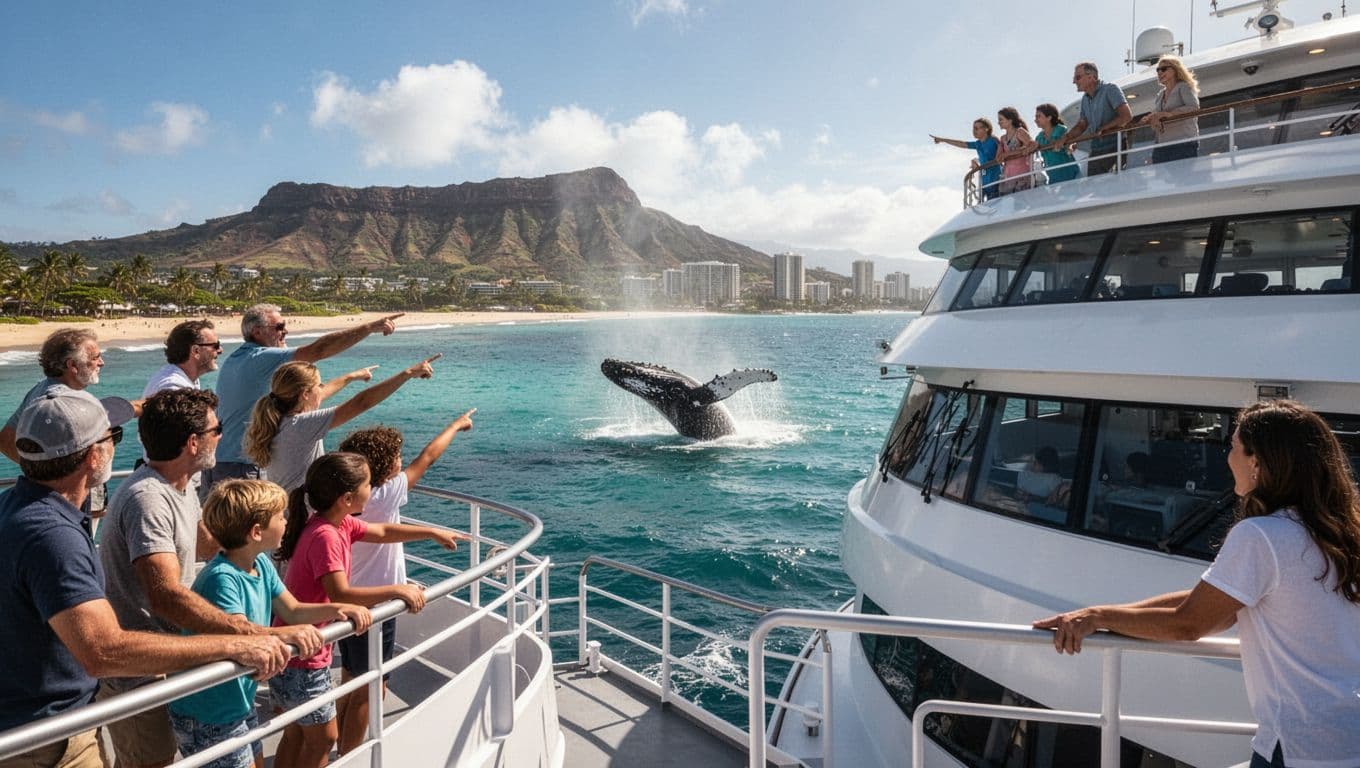 Group on upper deck of white double-decker boat points at breaching humpback whale off Waikiki Beach, Diamond Head background.