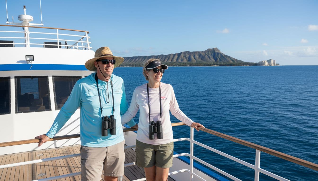 A couple in comfortable light layers stands relaxed on the upper deck of a double-decker whale watching boat off the Waikiki coast, viewing the ocean horizon with Diamond Head in the background on a sunny day.