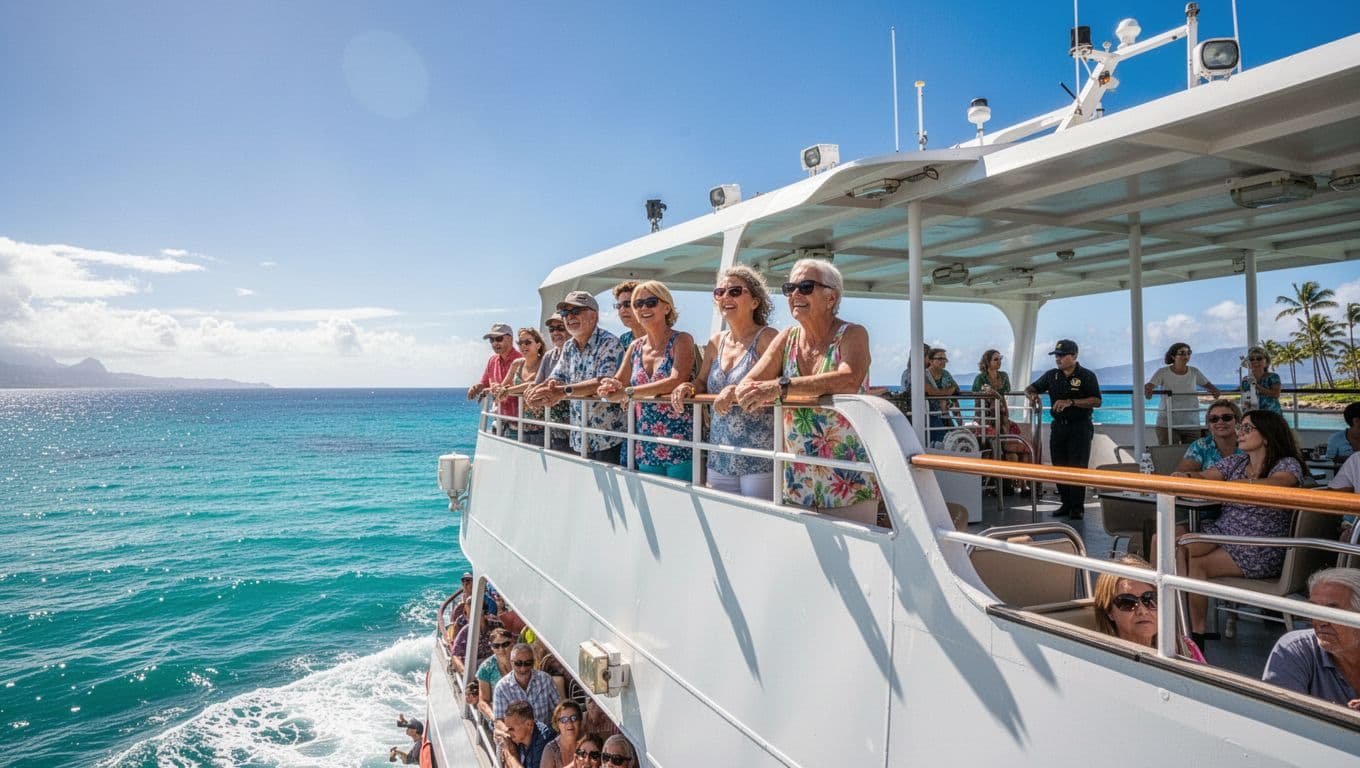 A group of cheerful passengers stands on the deck of a double-decker boat in Waikiki, gazing eagerly at the deep blue ocean. A professional crew member watches in the background.