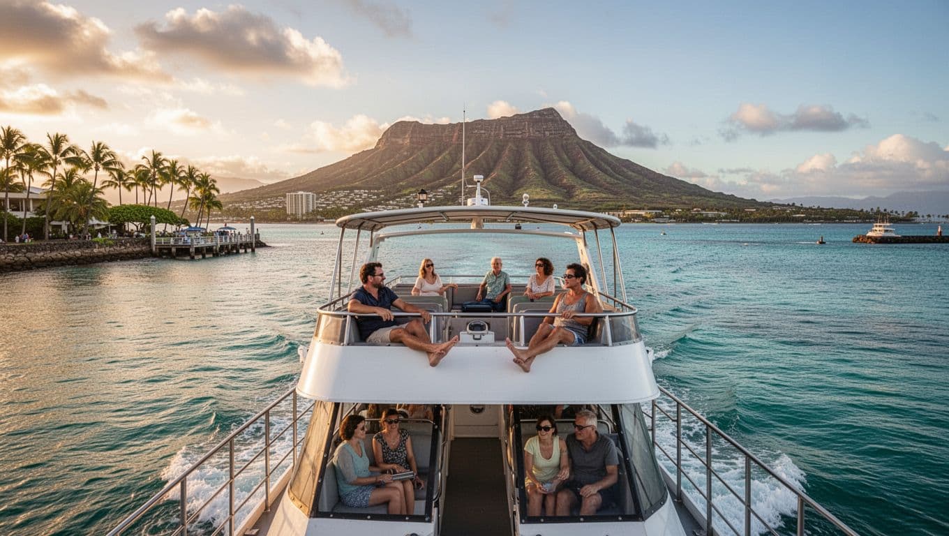 Double-decker tour boat departing Kewalo Basin Harbor in Honolulu near Waikiki for whale watching, with calm turquoise waters, Diamond Head volcano visible, and passengers relaxing on the open upper deck in cinematic golden hour lighting.