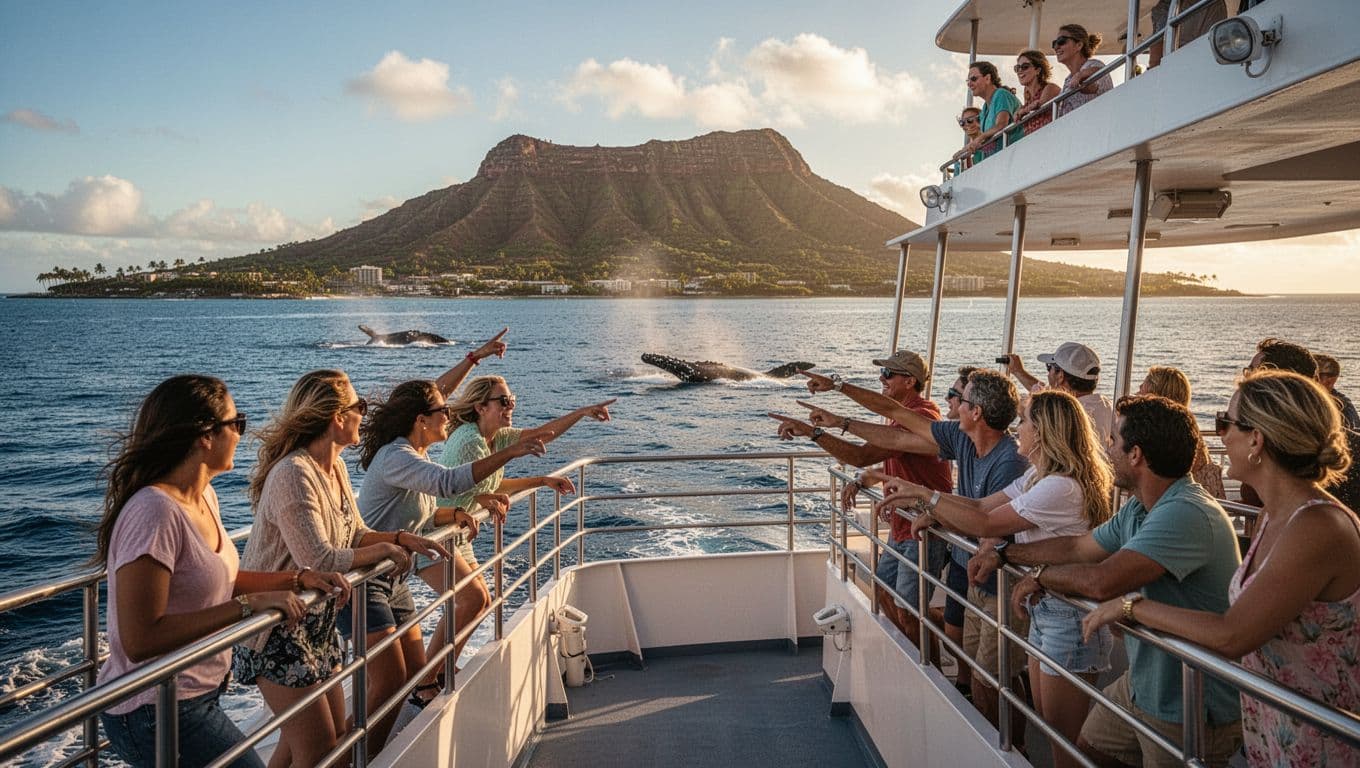 A double-decker boat cruises off Waikiki with humpback whales visible in the distance, passengers on deck pointing excitedly, and Diamond Head prominent in the sunny afternoon light.