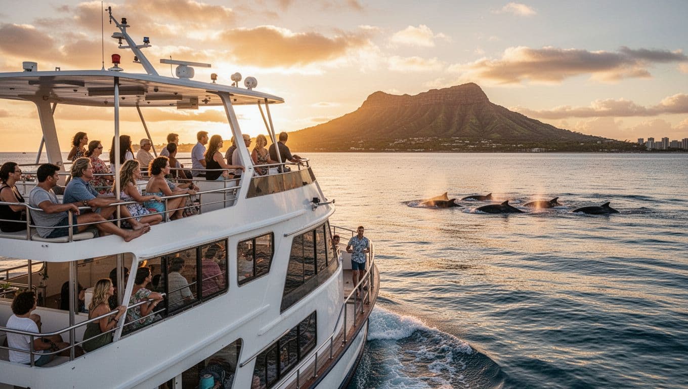 Double-decker boat cruises calm Waikiki waters at sunset with distant Diamond Head, as exactly 10 relaxed passengers on the open deck spot whales in cinematic style with strong contrast and dramatic lighting.