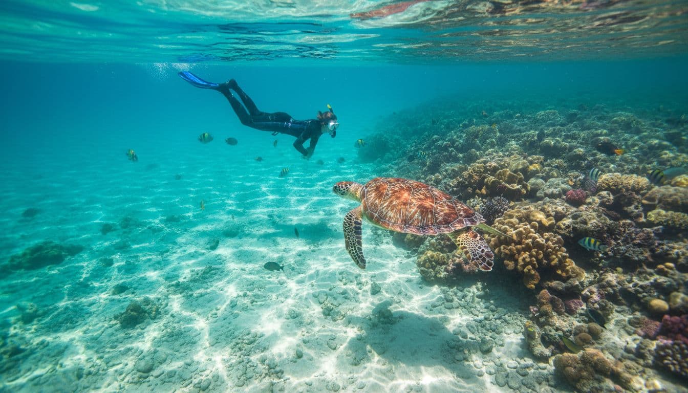 Crystal clear turquoise ocean water off Waikiki Beach in Oahu during winter features a snorkeler viewing a colorful coral reef and Hawaiian green sea turtle, with sunlight rays piercing the surface from an above-water perspective.
