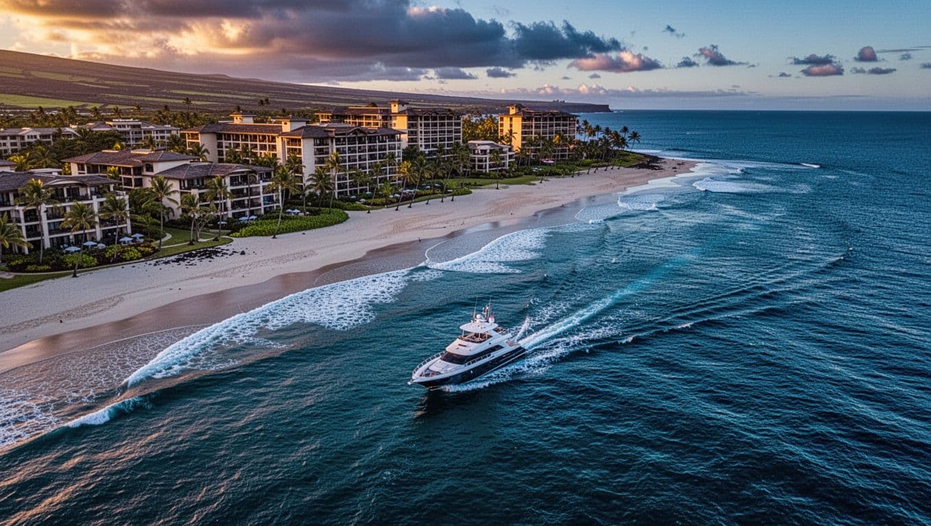 Scenic aerial view of Waikoloa Beach Resort on Big Island, Hawaii, at dusk, featuring luxury resorts along white sand beach and a snorkel boat departing for manta ray tour amid golden hour lighting.