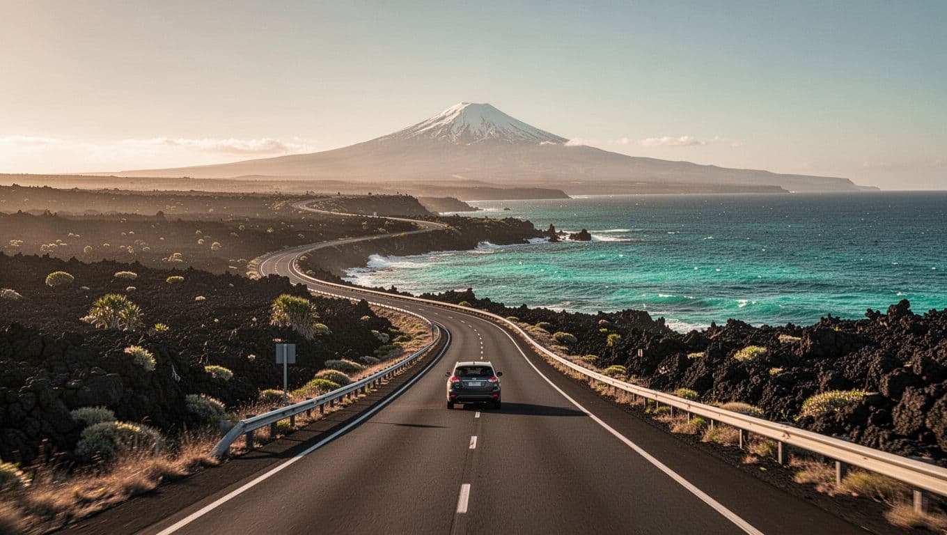 Winding coastal highway from Waikoloa to Kona on Big Island Hawaii, along black lava fields and turquoise ocean with distant Mauna Kea, single car approaching in morning golden light, cinematic style.