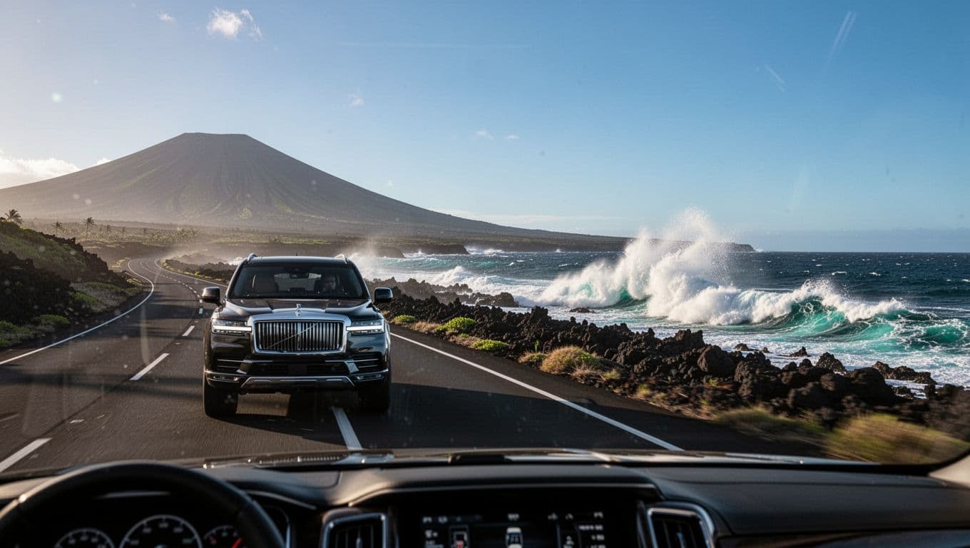 Luxury SUV drives coastal highway with Pacific waves crashing on black lava rocks right, Mauna Kea volcano distant left under blue sky.