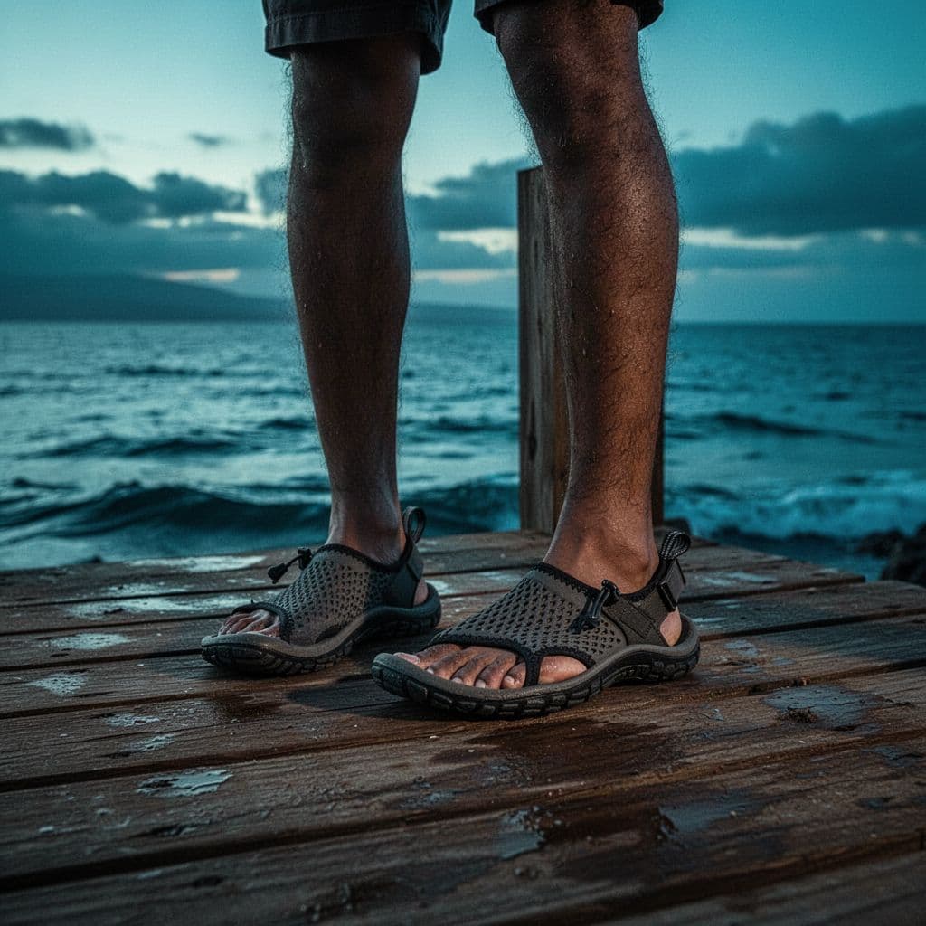 A person stands on a weathered wooden pier in Kona during dusk, wearing durable water shoes. The dark ocean waves frame the scene under dramatic, high-contrast cyan-tinted evening lighting.