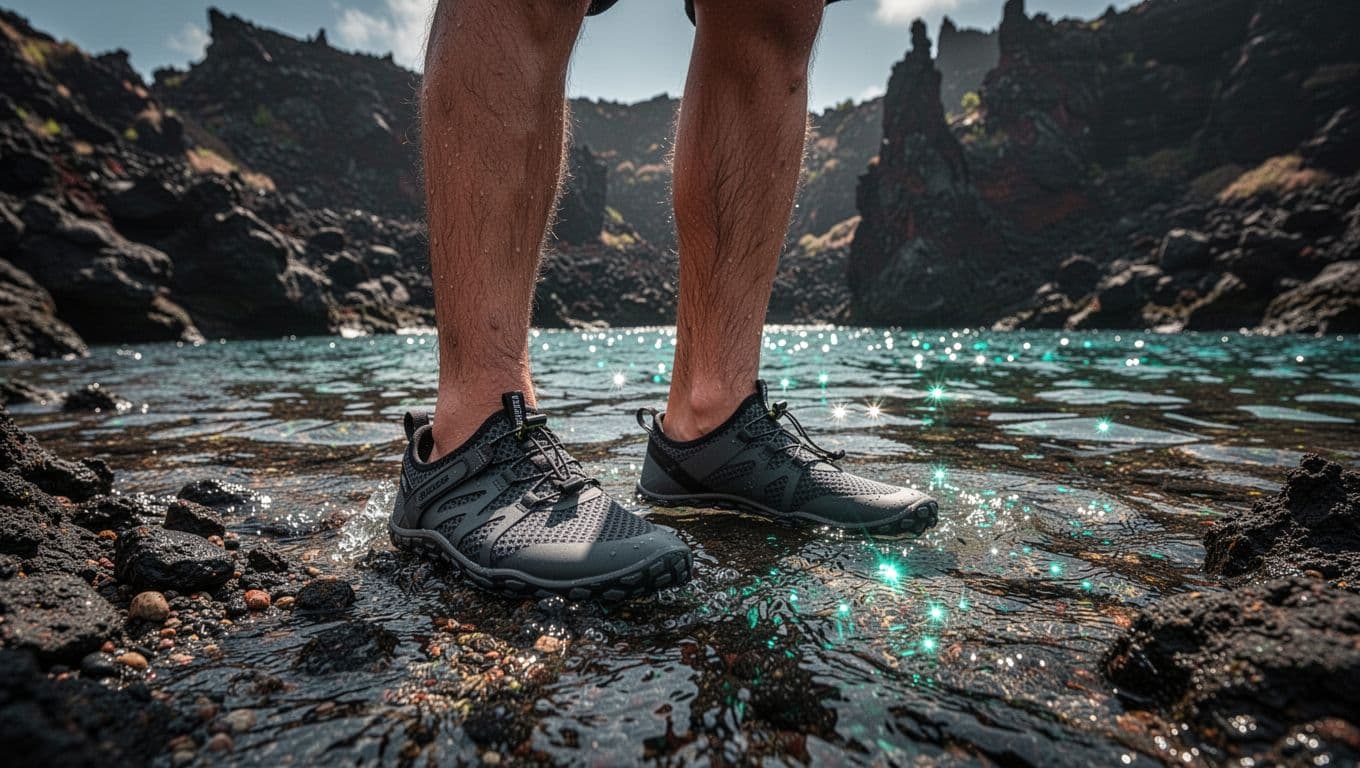 A person stands on jagged volcanic stone wearing modern grip-soled water shoes while clear cyan ocean waves lap gently over their feet. Dramatic lighting highlights the contrast between the dark terrain.