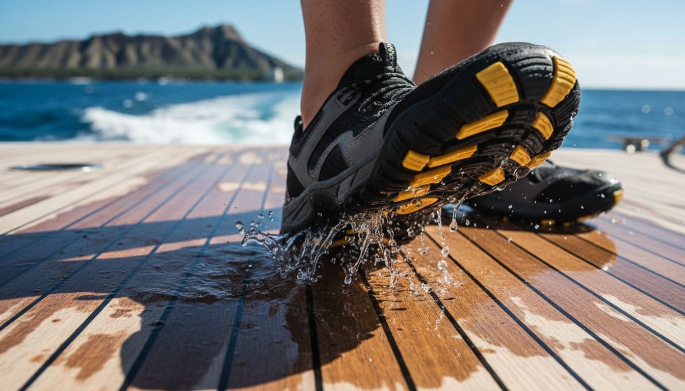 Close-up of sturdy water shoes with excellent grip on a wet, slippery boat deck during a sunny Waikiki ocean tour, showcasing textured soles pressing firmly against the slick surface.
