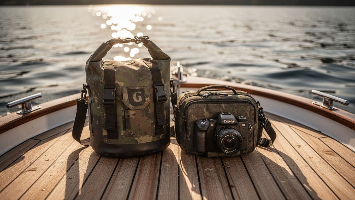 A rugged dry bag and a compact padded camera bag rest securely on weathered wooden boat planks. Soft golden sunlight glimmers across the rippling water visible in the blurred background.