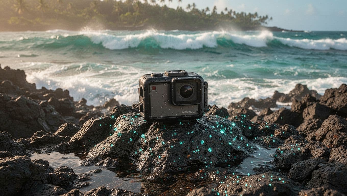 A rugged waterproof camera on a wet rock beside turquoise ocean waves.