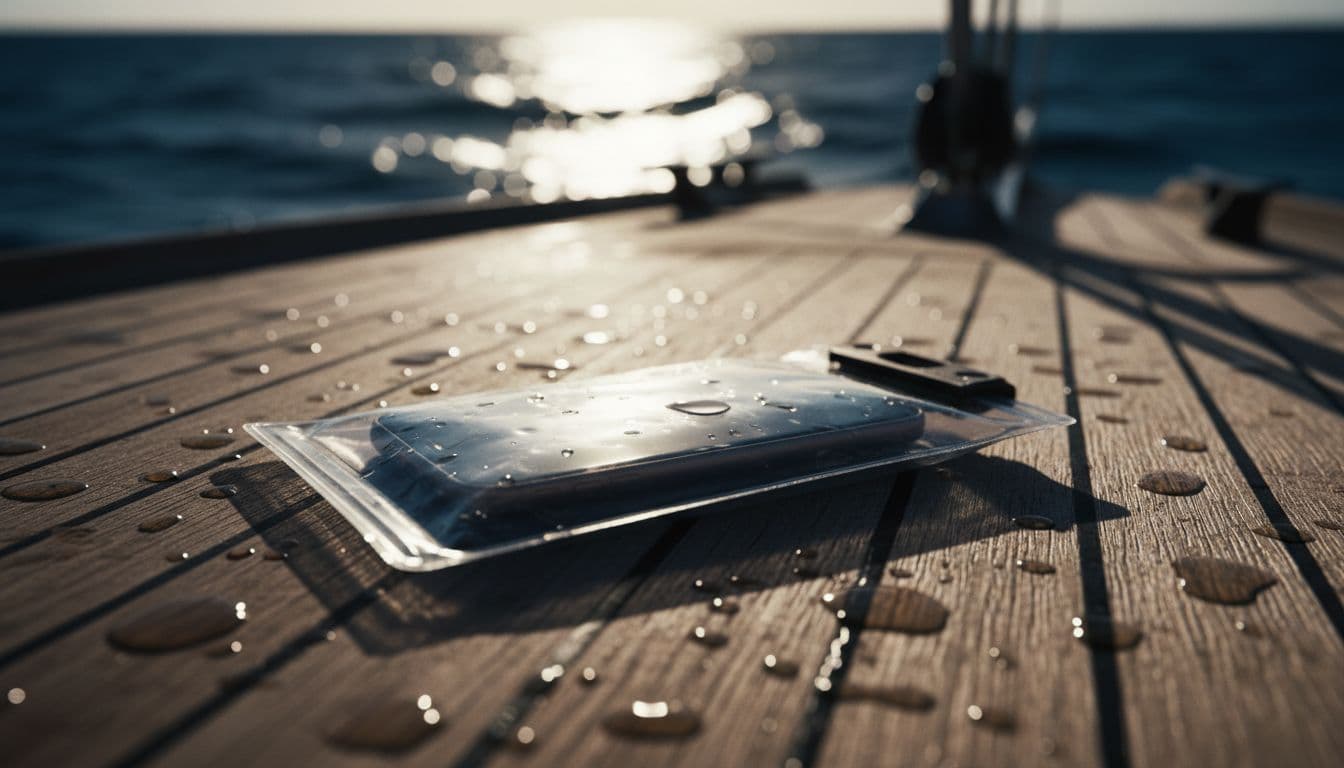A secure waterproof phone pouch rests on a boat deck against an ocean background.