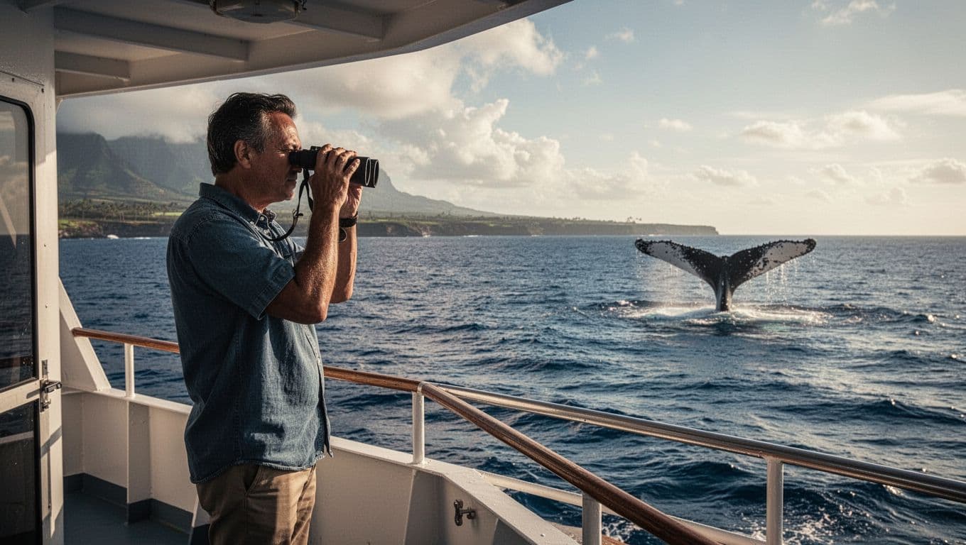 Adult stands on double-decker boat's upper deck holding binoculars loosely, scanning horizon as distant humpback whale tail rises from ocean near Oahu.