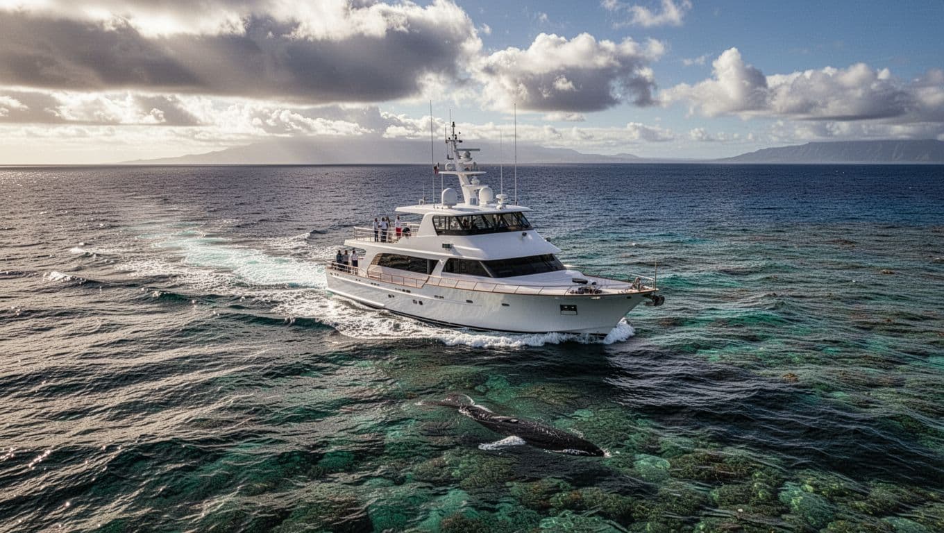 A single white vessel navigates clear turquoise waters off the Hawaiian coastline during a winter afternoon. Dramatic shadows and bright highlights accentuate the boat's stability amidst rolling, deep blue ocean swells.