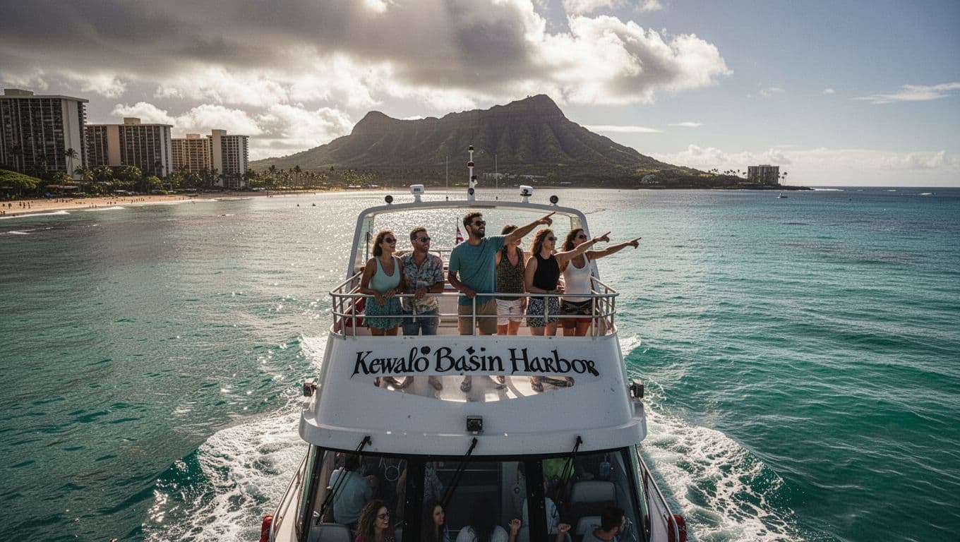 Double-decker tour boat sailing from Kewalo Basin Harbor toward open ocean with Waikiki Beach and Diamond Head in background, calm turquoise waters, excited family passengers on upper deck.