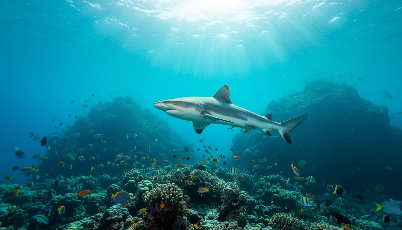 White-tip reef shark glides over vibrant coral reef with tropical fish in turquoise waters.