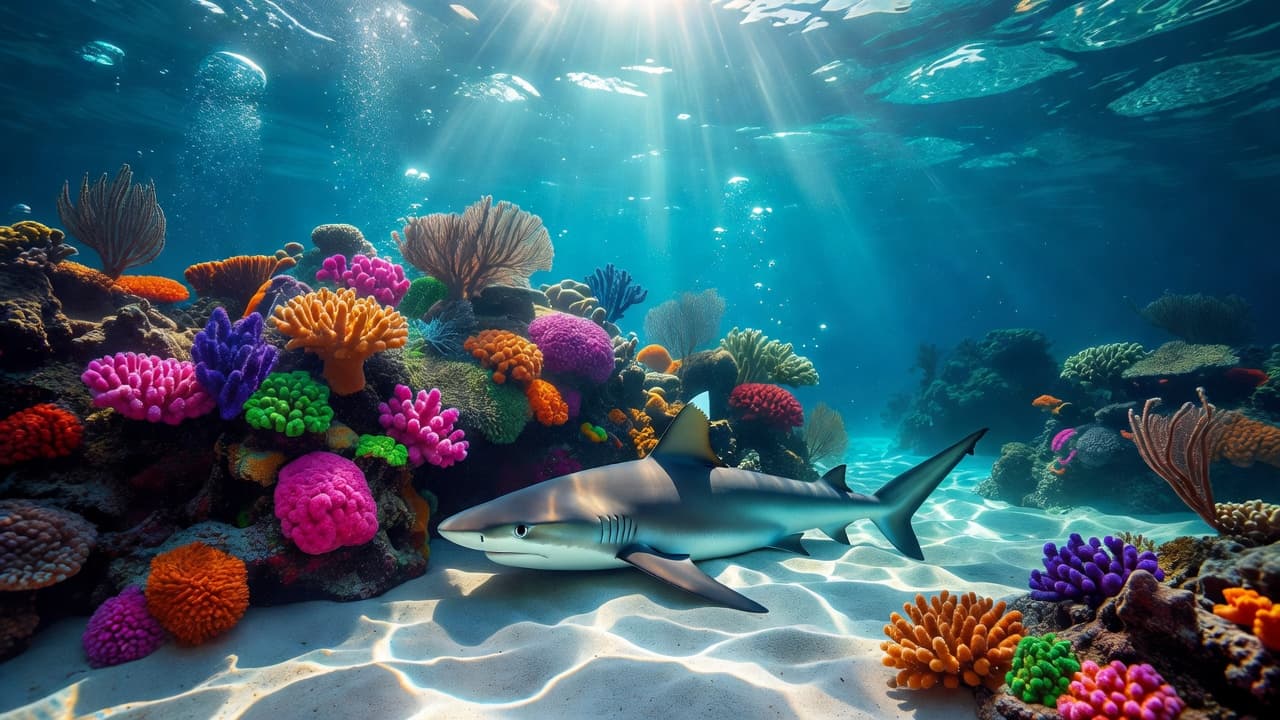 A white-tip reef shark resting near vibrant coral in bright turquoise water.