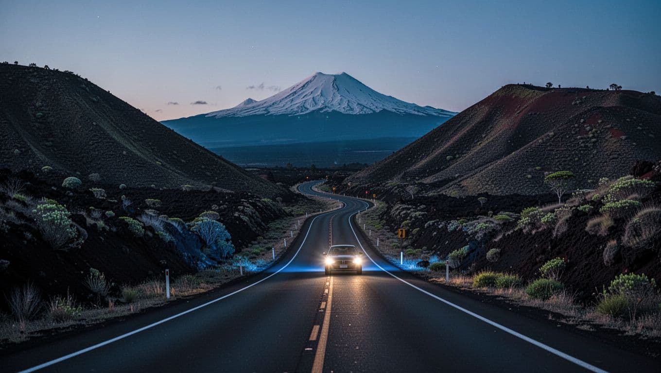 Scenic winding Saddle Road drive from Hilo to Kona at twilight on Big Island Hawaii, with volcanic hills, distant Mauna Kea volcano, single car headlights piercing dusk in cinematic style with dramatic lighting.