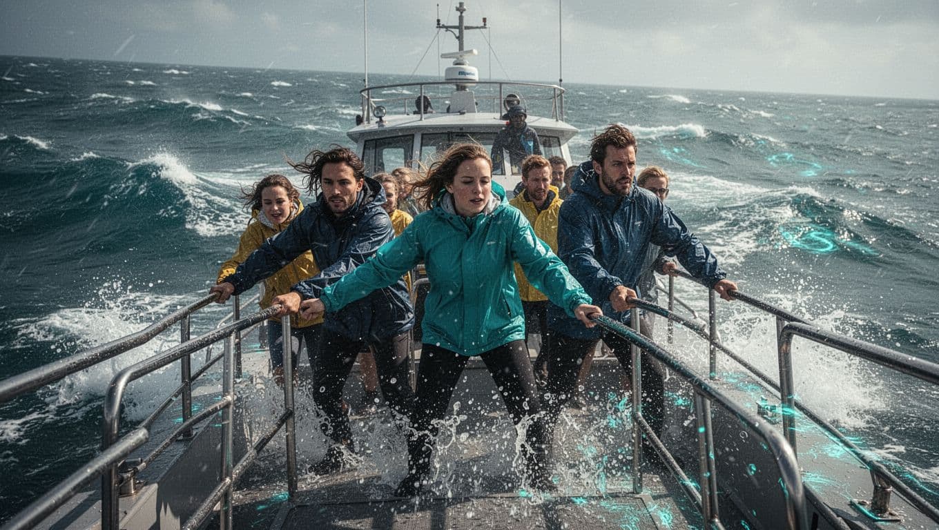 Passengers in windbreakers ride one boat through choppy, spray-filled ocean water.