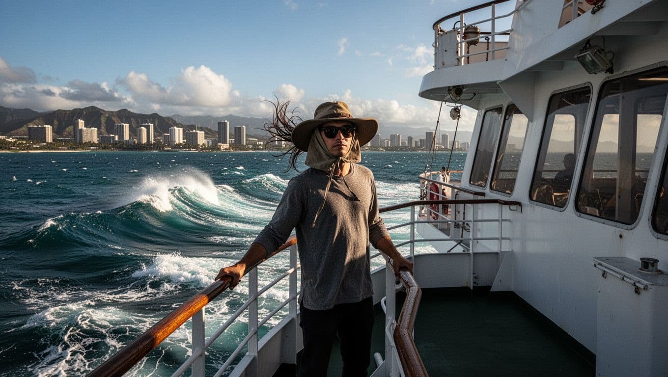 Person in strapped wide-brim hat grips railing on windy upper deck of double-decker boat, hair blowing, ocean waves and Honolulu skyline behind.