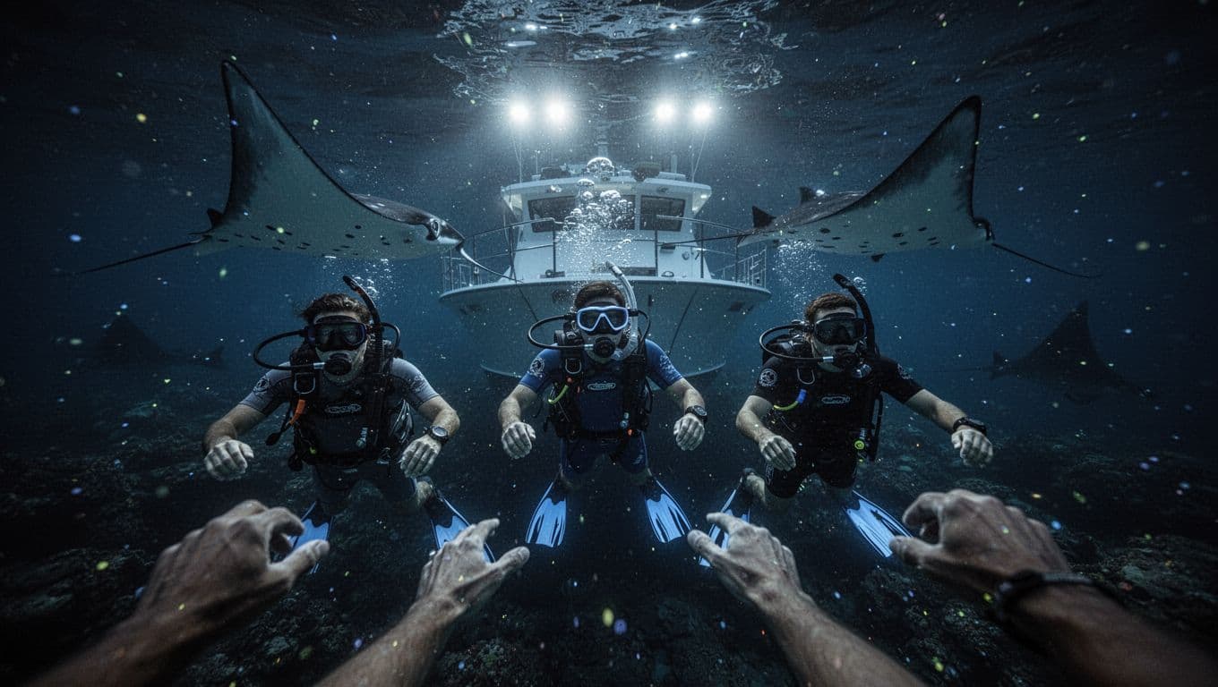 Graceful manta rays glide near three relaxed snorkelers under boat lights in dark ocean off Kona coast, Big Island, with soft bioluminescent plankton glow and cinematic dramatic lighting.
