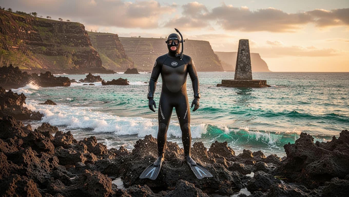 Solo snorkeler in black wetsuit stands on rocky volcanic shore with gentle waves, turquoise water, distant cliffs and monument.