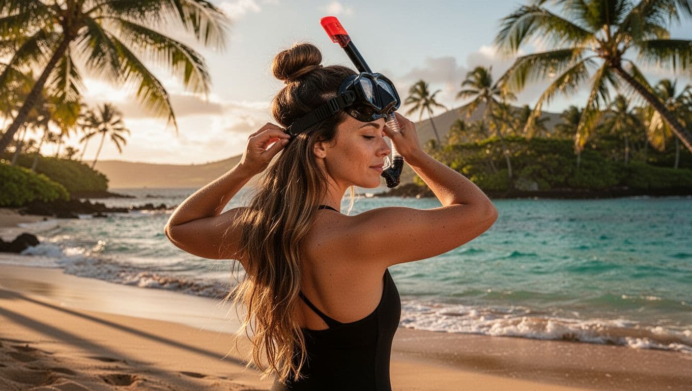 Woman with long flowing hair in a bun securing snorkel mask strap at the back of her head on a sunny Hawaiian beach with turquoise water and tropical palms.