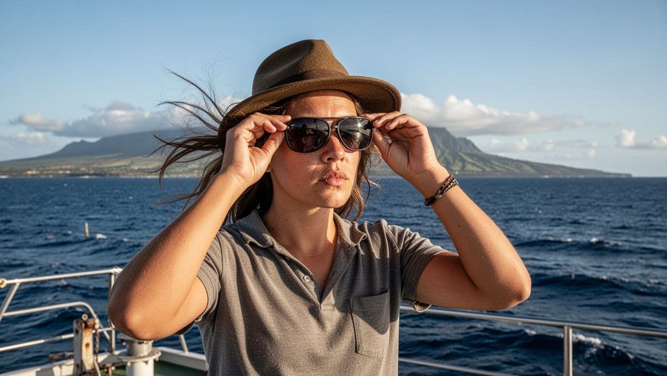 Person on boat deck fits wraparound sunglasses, wind tousles hair, hat stays on, Waikiki coast behind.