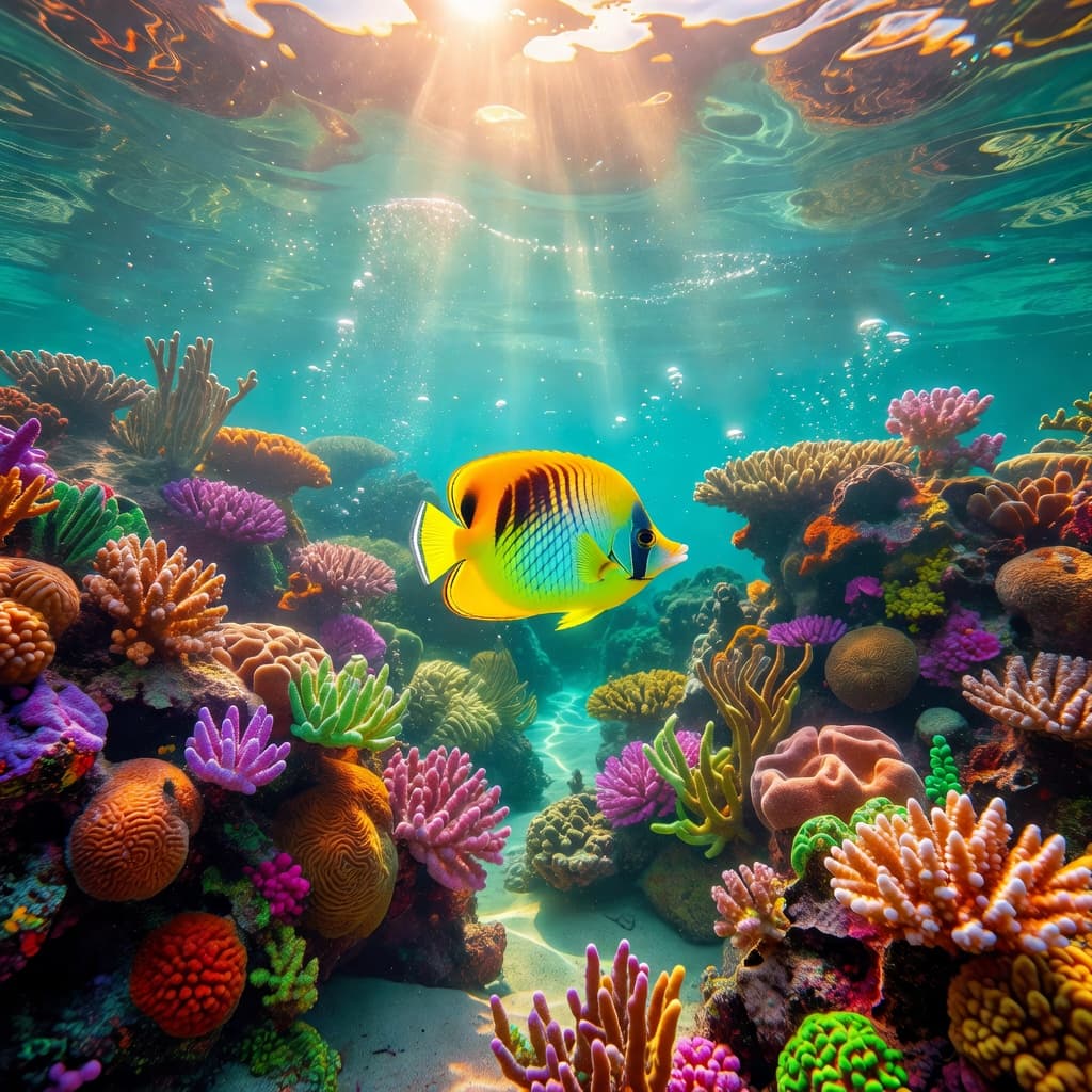 A bright yellow butterflyfish glides past intricate patterns of multi-colored coral reef structures. The crystal clear tropical water allows sunlight to shimmer across the textured sea floor in this marine ecosystem.