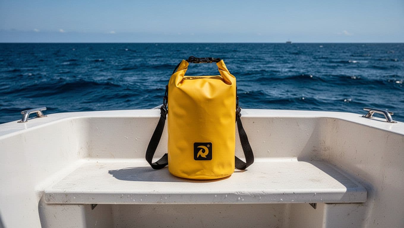 A vibrant yellow dry bag rests securely on a clean white fiberglass boat bench. The brilliant natural sunlight highlights the textured material against the deep blue backdrop of the open sea.