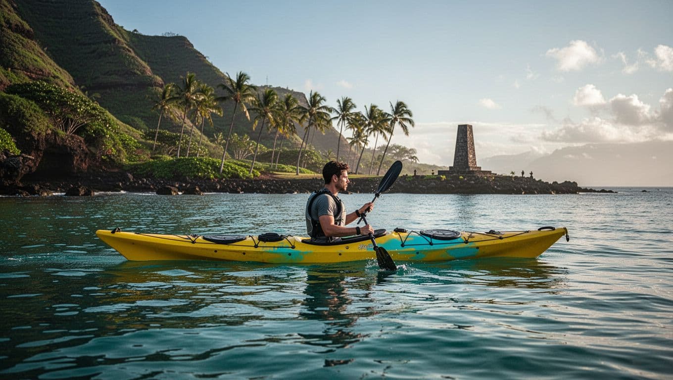 Solo kayaker in yellow sea kayak paddles across calm turquoise waters toward Kealakekua Bay's green cliffs and palm trees, with dramatic morning light and long shadows.
