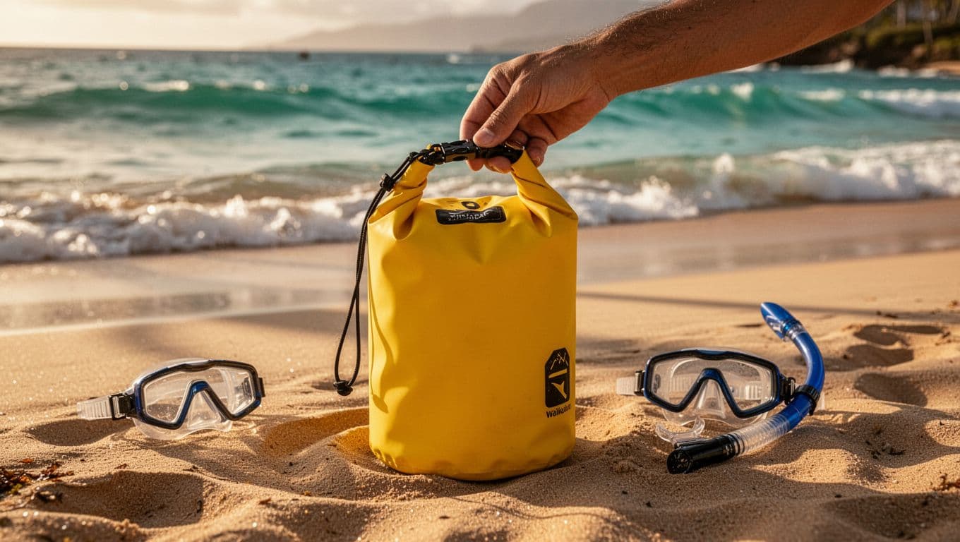 Close-up of a durable yellow Oahu dry bag with roll-top closure secured by one hand on sandy Waikiki beach next to snorkel gear, turquoise ocean waves and golden hour lighting in background.