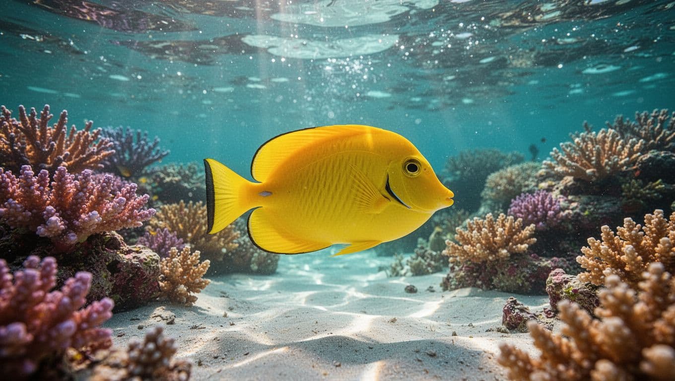 A vibrant yellow tang fish swims gracefully through clear tropical water above a colorful coral reef. The scene features detailed coral formations under bright sunlight with sparkling cyan water surface reflections.