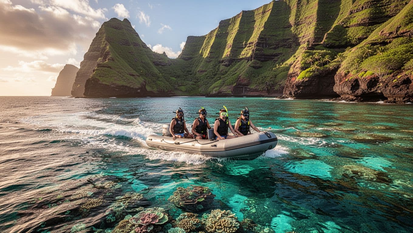 A zodiac boat with exactly four relaxed snorkelers speeds across calm turquoise ocean toward dramatic green cliffs of Kealakekua Bay on Big Island Hawaii, vibrant coral reefs visible underwater, in cinematic golden hour lighting.