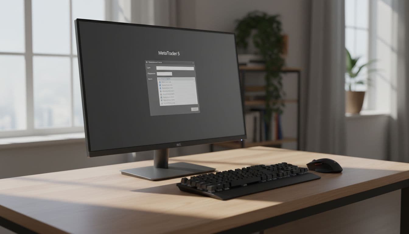 How to Add a Server in MT5 for Forex Trading - Desktop computer screen displaying MetaTrader 5 login dialog with broker server dropdown open, on a clean wooden desk in home office setup with keyboard and mouse. Realistic high-detail photograph in landscape composition under soft natural light.