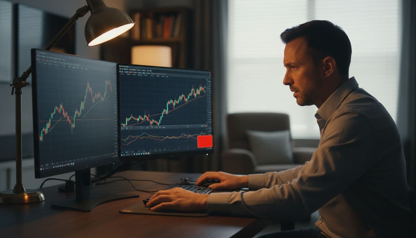 A focused professional trader sits at a home office desk with dual monitors running MetaTrader 5, examining the highlighted connection status indicator on one chart screen under warm desk lamp lighting.