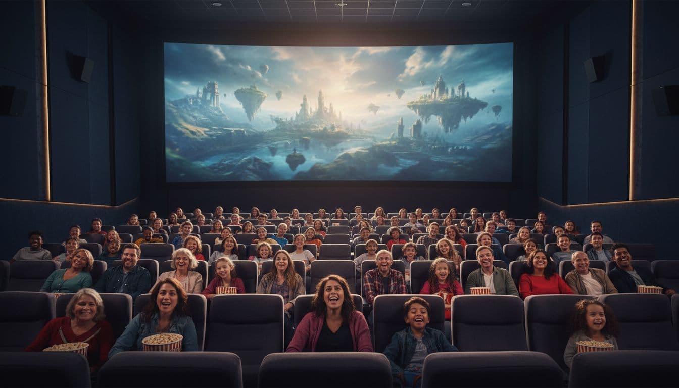Diverse families lean forward smiling in packed modern theater, faces lit by blurred epic landscape on screen.
