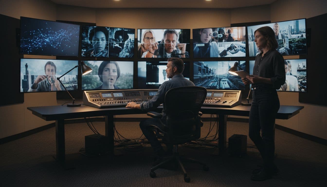 Director seated at console with multiple monitors showing film footage and glowing nodes on one screen, assistant stands nearby holding tablet.