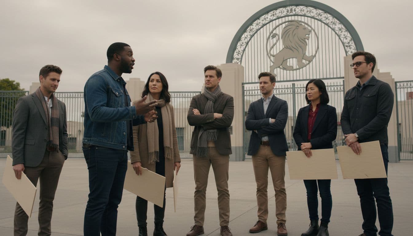 Six diverse Hollywood writers and actors stand outside studio gates under overcast sky, holding blank picket signs, one gesturing passionately.