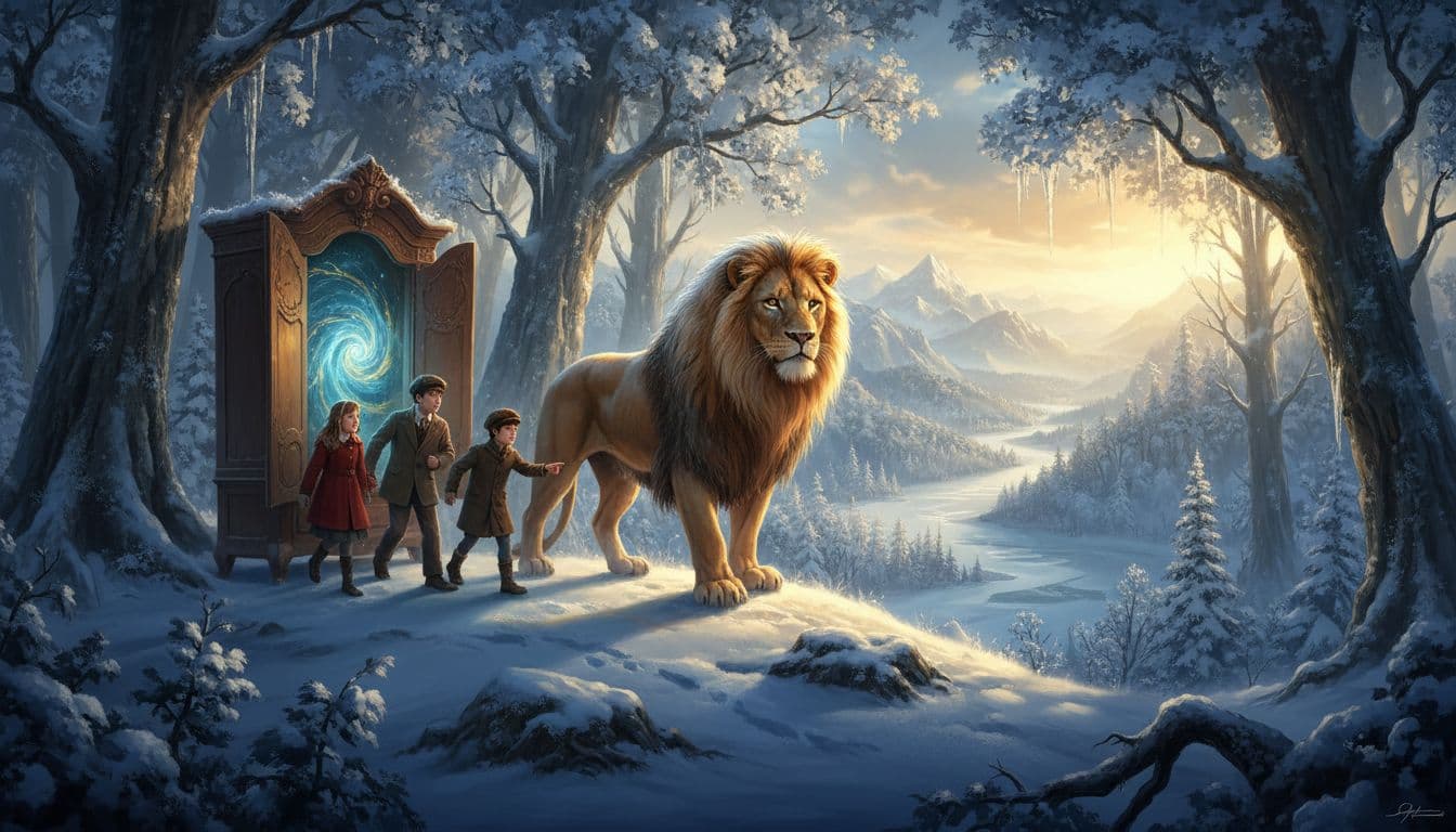 A lion stands in a snowy forest as three children approach a wardrobe portal to a magical world.