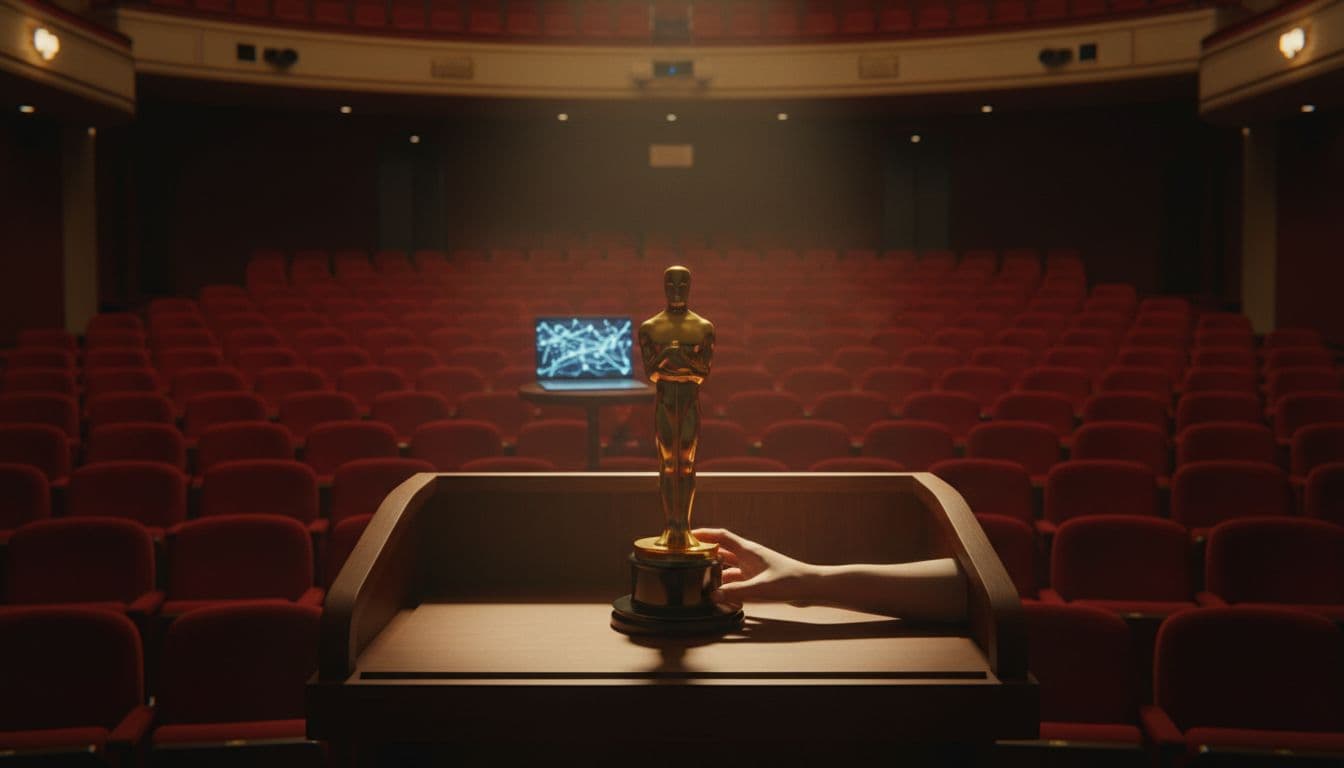 Golden Oscar statuette centered on wooden podium in empty theater with red seats, one hand on base, faint laptop glow in background.