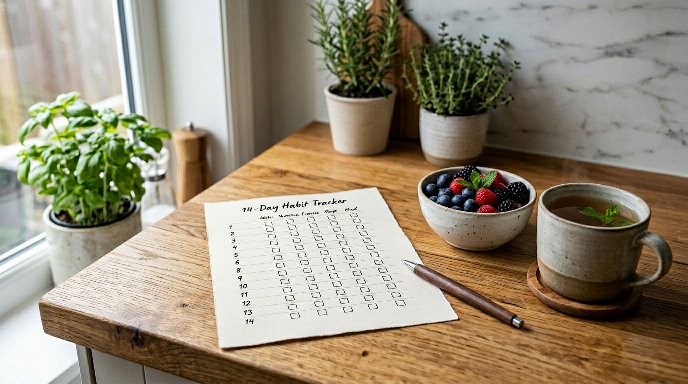 Photorealistic editorial-style image of a blank 14-day paper calendar checklist in a modern clean kitchen, with a pen and bowl of berries nearby, natural window light and shallow depth of field.