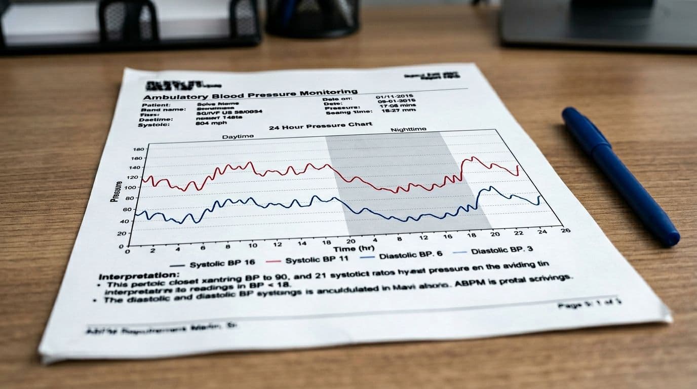 Photo-realistic close-up of a 24-hour ambulatory blood pressure monitoring report printout on an office desk with a pen nearby, showing a generic BP chart graph with curves, no readable text or numbers.