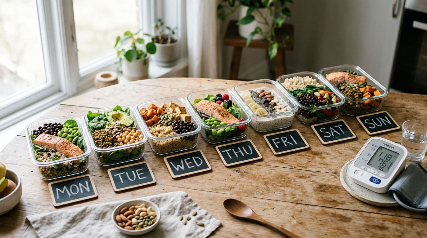 Photorealistic scene of a clean kitchen table displaying a 7-day meal prep layout with magnesium-rich, blood-pressure-friendly foods in labeled glass containers and chalkboard day tags from Mon to Sun. Subtle blood pressure monitor on the side, styled with neutral ceramics and wooden board for a fresh, healthy documentary look.